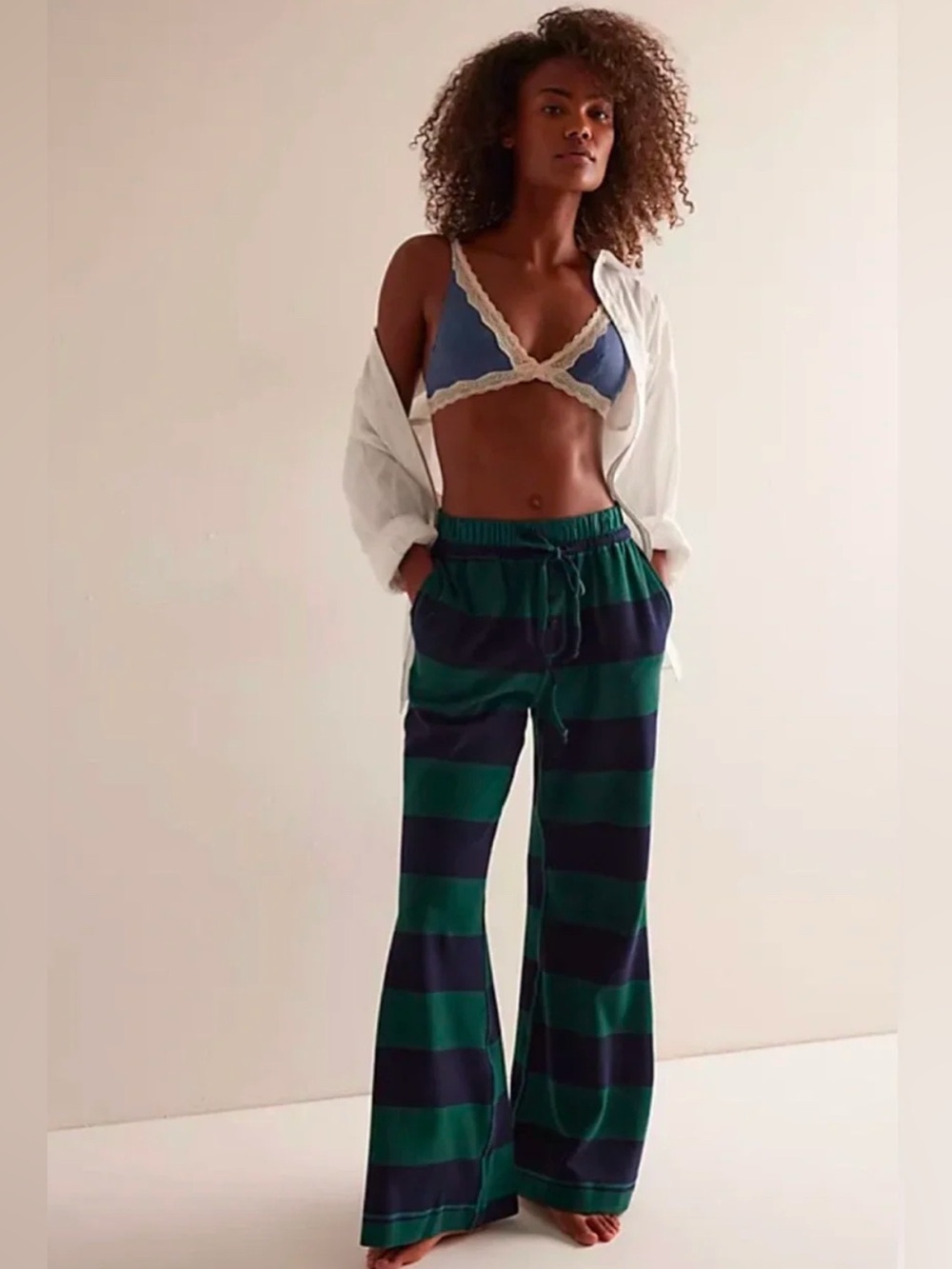 Free People we the free you wish wide leg in navy/forest stripes